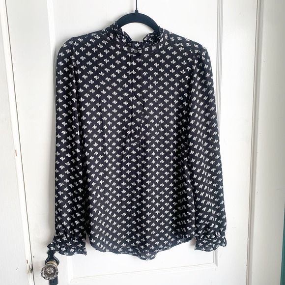 LOFT Tops - LOFT Leaf Print Long Sleeve Ruffle Neck Blouse Black White Medium
